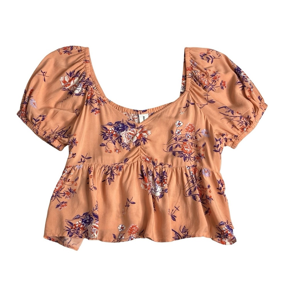 Abound Babydoll Top Womens XL Orange Floral Crop Peplum Puff Sleeve Cottagecore